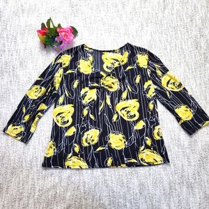 KC Stevens black yellow white floral 3/4 sleeve blouse